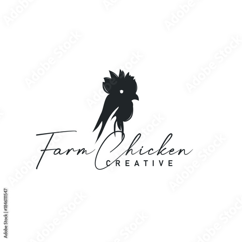 Chicken logo design for chicken farm with simple and minimalist black silhouette of livestock farmer, vector illustration template concept and poster
