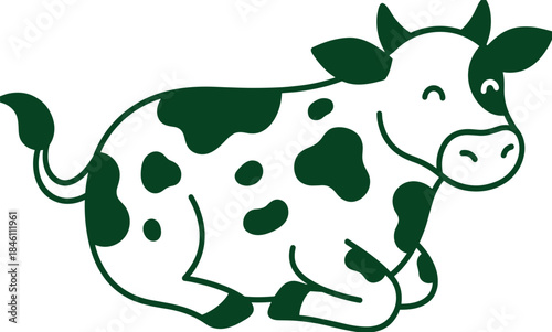 Cute cow cartoon illustration, smiling farm animal design, simple line art style, dairy cattle character, isolated white background, vector icon