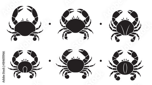  Variety of Crab Silhouettes Showing Different Shell Shapes and Pincer Sizes for Marine Biology Studies Seafood Menu Graphics and Coastal Wildlife Identification Charts in Minimalist Style