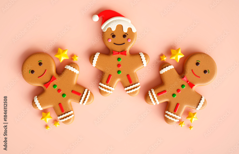 Fototapeta premium A gingerbread mans with yellow stars on bright background