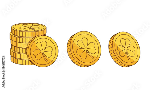 Golden coins with clover symbols, representing luck and wealth on a white background