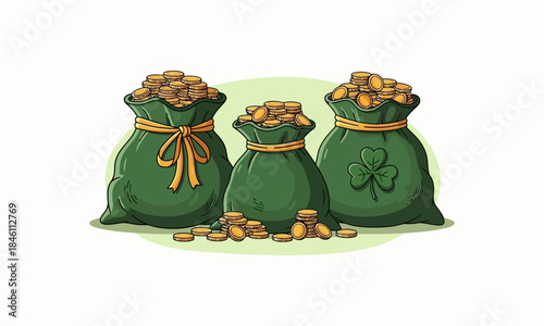 Three green money bags overflowing with gold coins, symbolizing wealth and luck