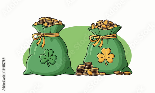 Two green money bags overflowing with gold coins and shamrocks, symbolizing luck and wealth for St