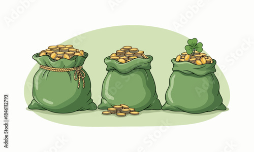 Three overflowing sacks of gold coins and a shamrock on a light green background