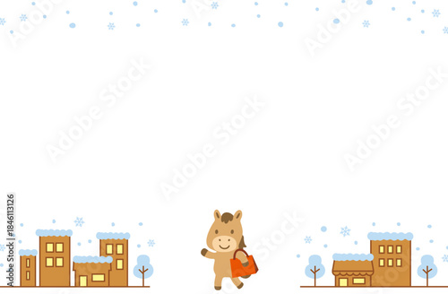 雪景色の街並みと買い物をしてる馬のフレーム（冬・初売り・セール）