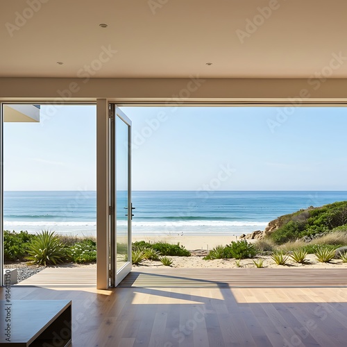Ocean View Home: Tranquil Beach Scene Through Open Doors