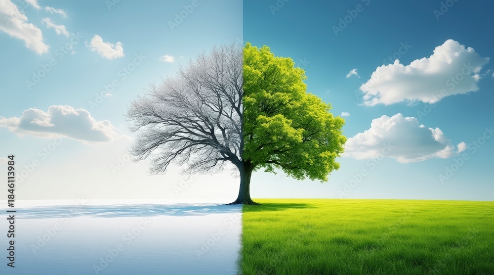 Fototapeta premium Tree divided showing winter and spring seasons side by side