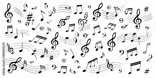 A vibrant collection of musical notes and symbols scattered across a white background