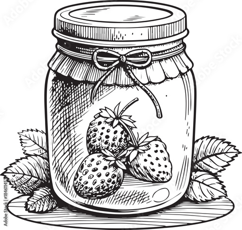 Strawberry Jam in Jar Hand-drawn Sketch Drawing Vector Illustration, Line Linear Symbol Engraving Coloring Book, Black and White Isolated