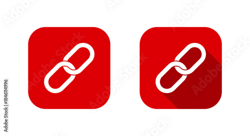 Chain link icon with long shadow. URL connection symbol. Hyperlink, attachment sign in red square