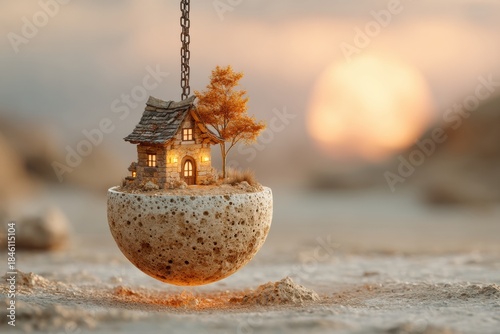 Exploring Housing Challenges: A Conceptual House in an Egg Symbolizing Market Vulnerabilities and Trends