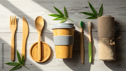 Ecofriendly bamboo products on rustic wooden table