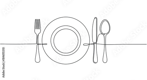 Minimalist single line drawing of a plate fork knife and spoon set against a clean white background for a sophisticated dining concept