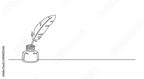 Minimalist continuous line drawing of a quill pen resting in an inkwell on a horizontal line against a white background