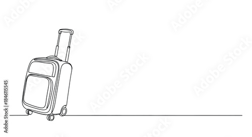 Minimalist single line drawing of a rolling suitcase with a telescopic handle on a white background representing travel and journeys