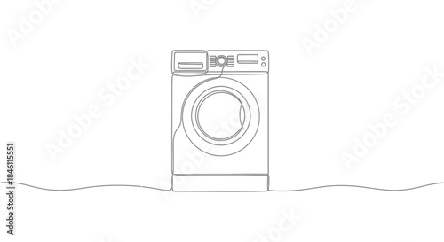 Minimalist single line drawing of a modern front loading washing machine with a digital display and wavy base