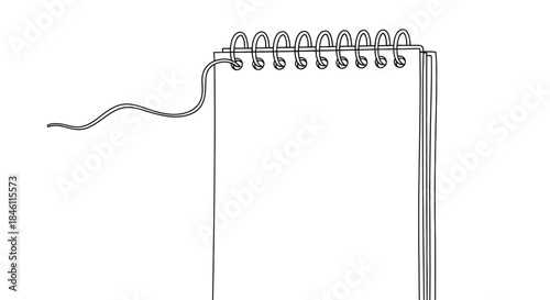 Simple minimalist line art drawing of an open spiral bound notebook with blank pages and a loose wire element