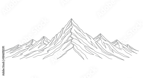 Minimalist line art drawing of a majestic mountain range with sharp peaks and rugged slopes against a white background