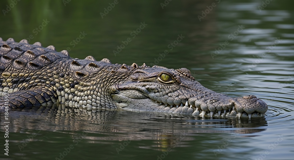 Fototapeta premium Close-up of a large crocodile partially submerged in water, its eye visible.