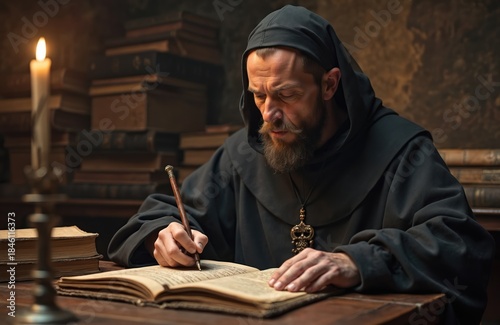 Monk in dark robes writes in old book by candlelight. He sits at wooden desk with stacks of ancient scrolls and texts in dimly lit room, preserving knowledge.