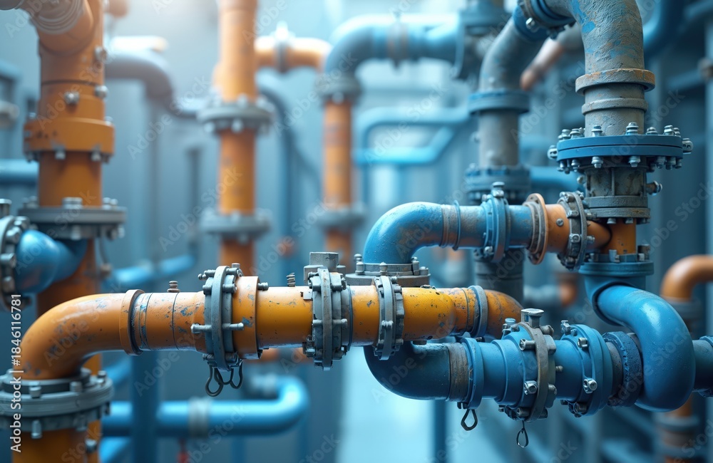 Fototapeta premium Industrial pipes complex network connects various points. Metal pipes system, valves, flanges carry fluid or gas. Infrastructure and utility theme.