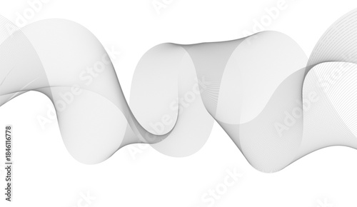 Create a vector illustration of a soft, light gray abstract wave on a white background. The wave should have smooth, flowing curves with thin, semi-transparent lines and a minimalistic design.