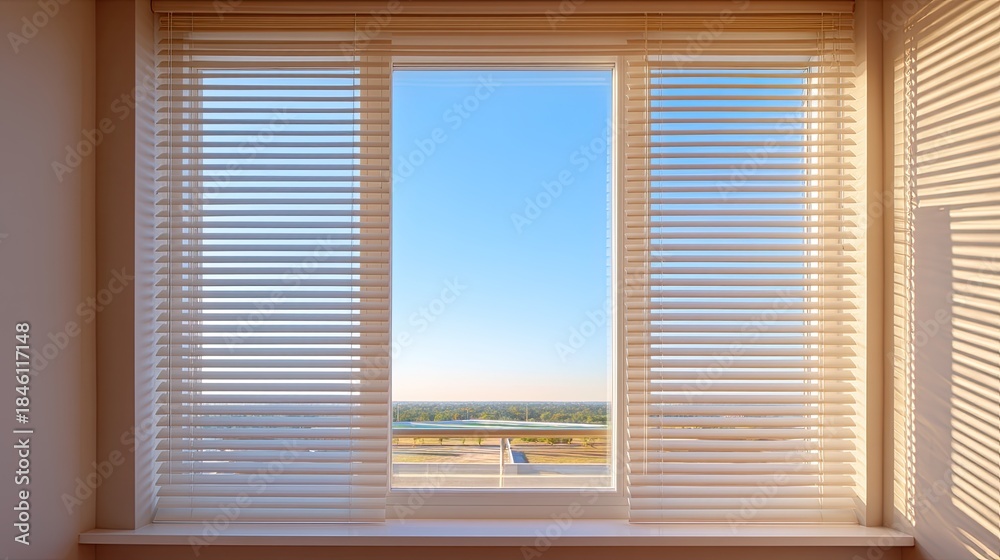 Fototapeta premium Bright and Tranquil View from a Modern Window with White Blinds Overlooking a Scenic Landscape under Clear Blue Sky