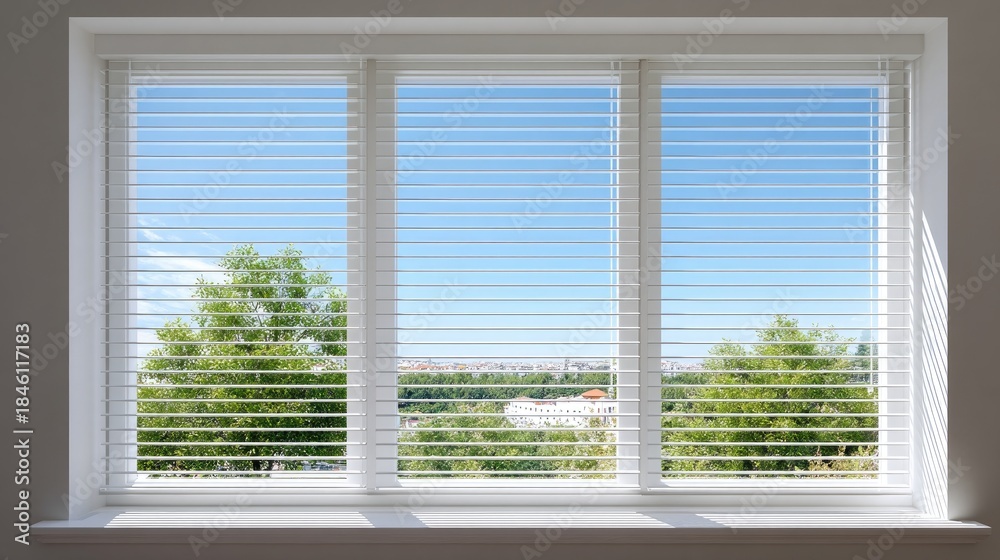 Fototapeta premium Bright and Airy Interior with Window Blinds Overlooking Lush Green Trees and Clear Blue Sky in a Calm Residential Area