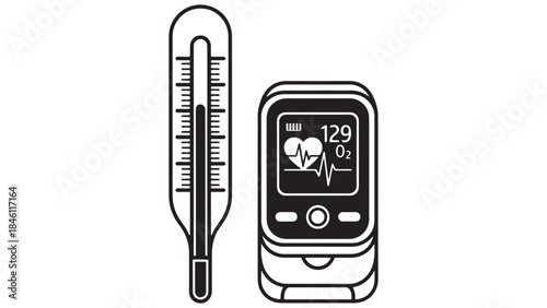 Black and white vector illustration of a digital medical thermometer and pulse oximeter for health monitoring