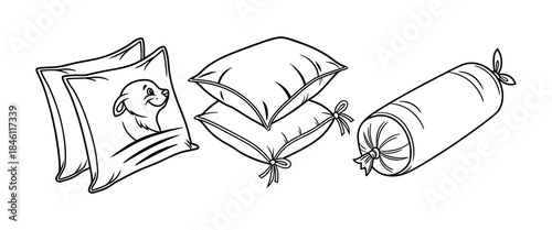 Line Drawing of Three Pillows with Animal Illustration on White Background cushion