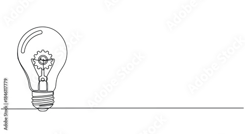 Minimalist continuous line drawing of a light bulb with a gear inside symbolizing innovation and mechanical ideas