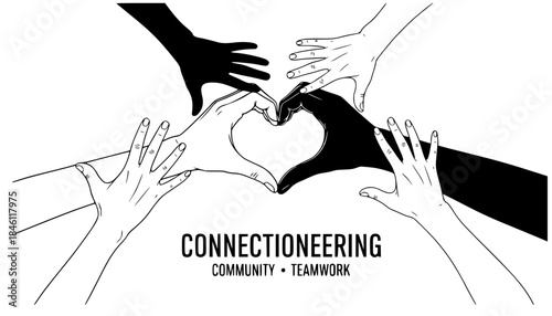 Diverse Hands Creating Heart Silhouette - Connectioneering, Community, and Teamwork Vector