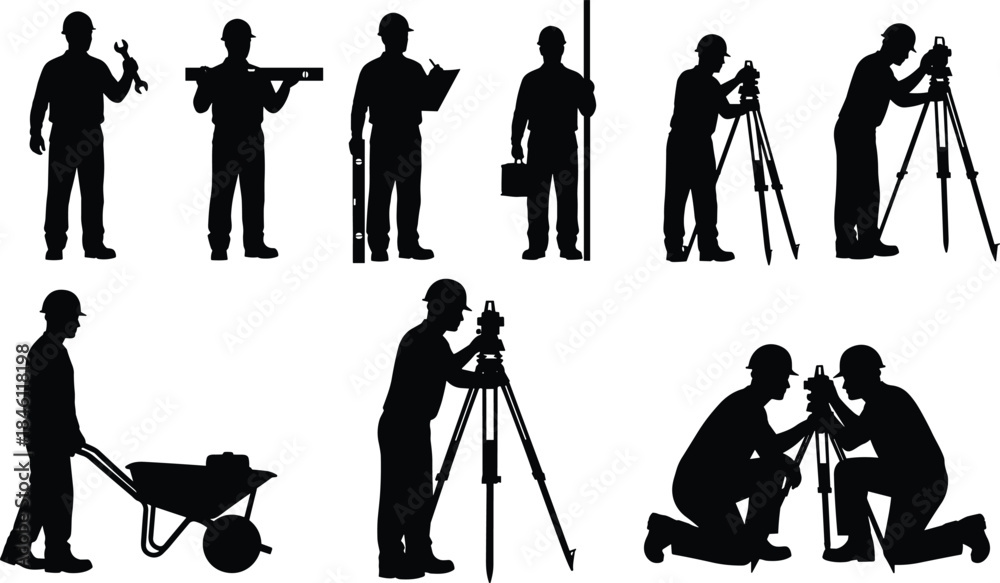 Obraz premium Professional Construction Engineers and Surveyors Silhouette Collection: Workers with Safety Helmets, Tools, Leveling Instruments, and Theodolites Performing Measurement Tasks on Site,