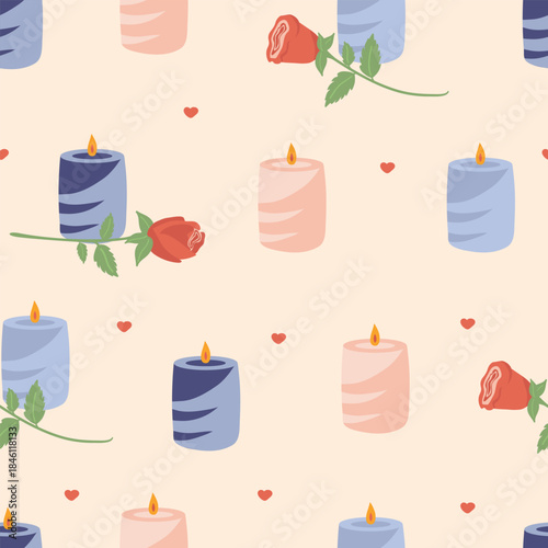 Seamless pattern with hand drawn burning aroma candles, roses and hearts on a light beige background. Flat design for fabric, wrapping paper, home decor or romantic concepts