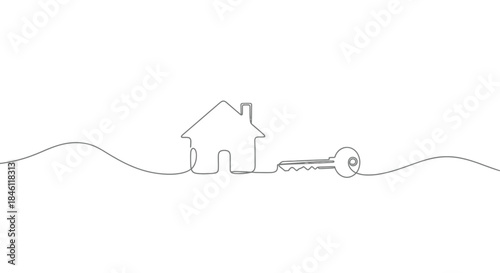 Minimalist single line drawing of a house and key representing home ownership and real estate concepts on a clean white background