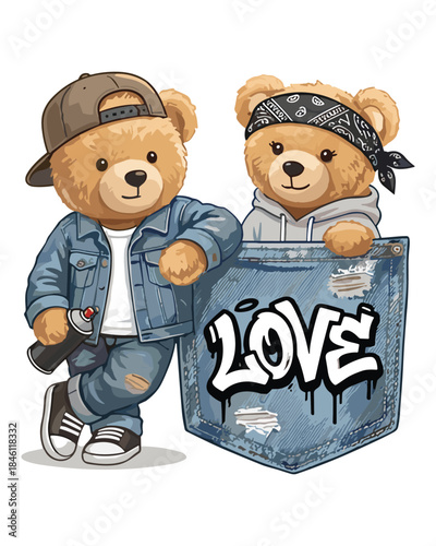 Detailed vector illustration of hip-hop teddy bears in urban attire and graffiti, perfect for trendy apparel prints and unique web designs.
