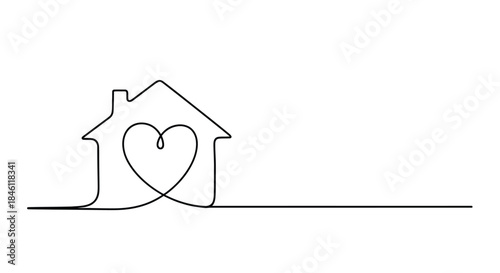 Minimalist continuous line drawing of a house outline with a heart shape inside representing love and home