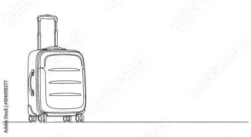 Minimalist continuous line drawing of a modern rolling suitcase with a retractable handle and wheels on a white background
