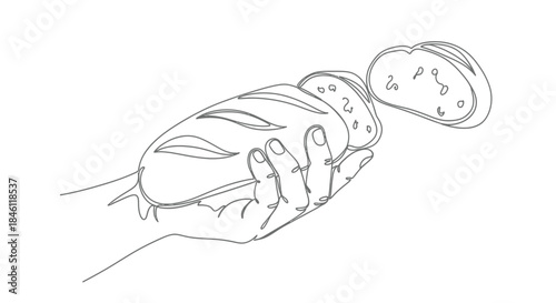 Minimalist single line drawing of a hand holding a sliced loaf of bread with one slice floating above