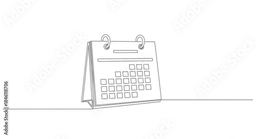 Minimalist single line drawing of a desk calendar with wire binding on a white background representing time management and planning