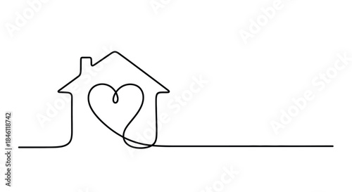 Minimalist single line drawing of a house with a heart inside symbolizing love and home on a white background