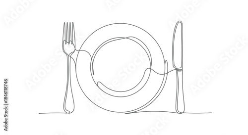 Minimalist continuous line drawing of a plate fork and knife set on a white background for culinary themes