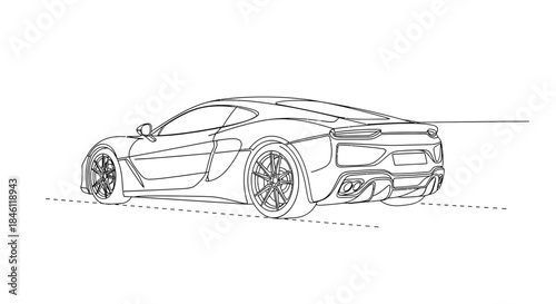 Sleek modern sports car rear view outline drawing on a white background with dashed lines indicating the road