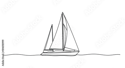 Elegant single line drawing of a modern sailboat with full sails gliding across calm blue ocean waves