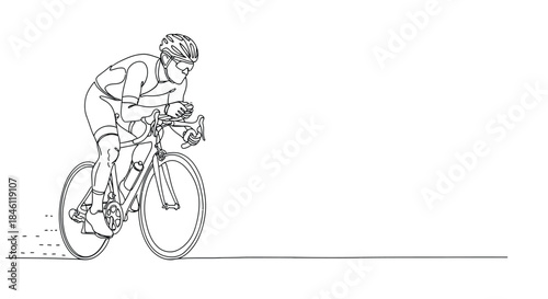 Dynamic single line drawing of a determined cyclist in aerodynamic racing gear and helmet speeding forward on a road bike