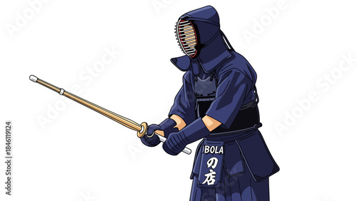 Kendo Practitioner in Traditional Protective Gear Holding a Bamboo Sword