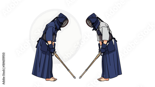 Traditional Japanese Kendo Practitioners Bowing in Respect