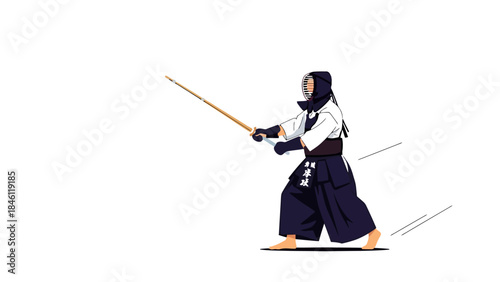Traditional Japanese Kendo Practitioner in Protective Gear Performing a Technique