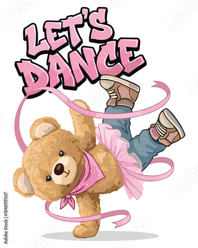 Vibrant vector illustration of a breakdancing teddy bear with a pink tutu and ribbon, exuding energy and a