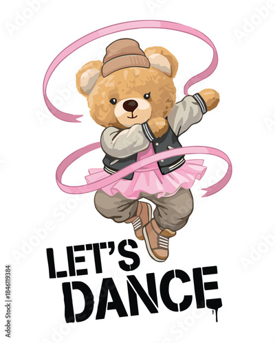 Enchanting vector art of a teddy bear dancer in a pink tutu and ribbon, striking a pose with a jacket, alongside